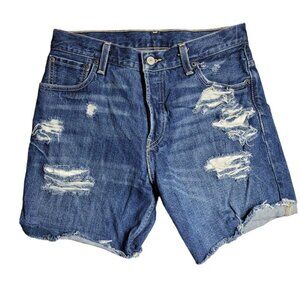 Levis Jeans Distressed Ripped Shorts Blue Denim Holes Womens 28W High Waisted